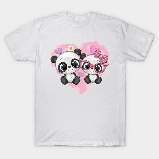 Two cute pandas on a heart background. T-Shirt by Reginast777